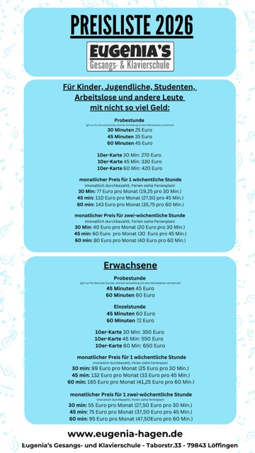 Preisliste 2026 von Eugenias Gesangs- und Klavierschule